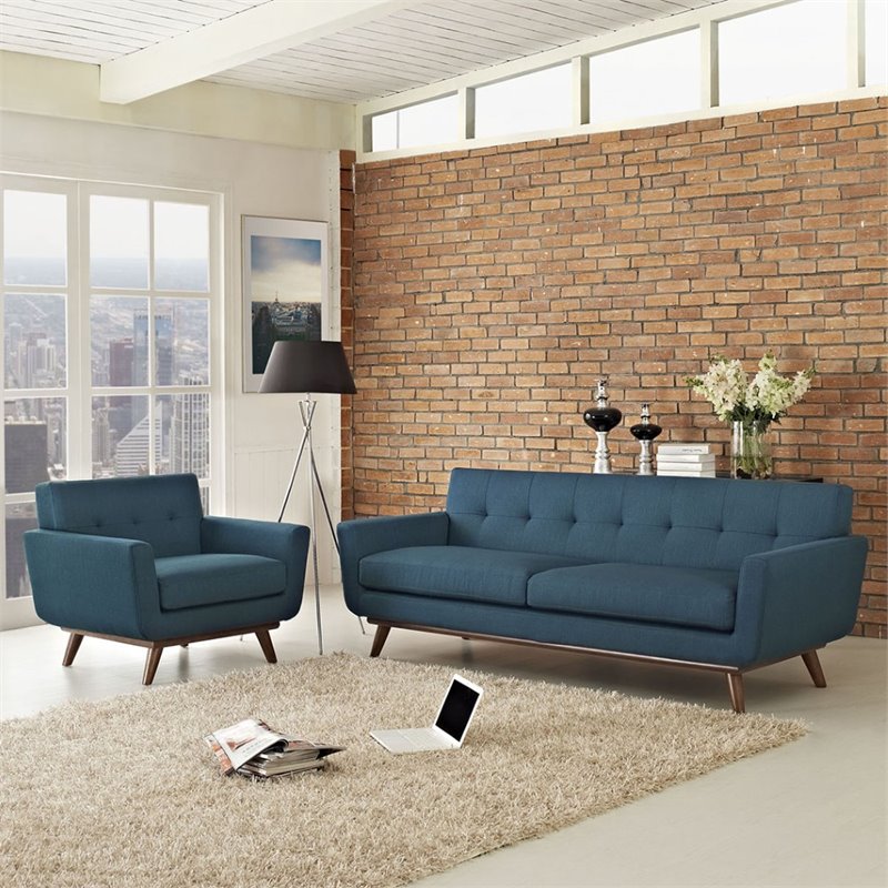 Modway Engage Modern Fabric 2-Piece Sofa Set with Armchairs in Azure Blue