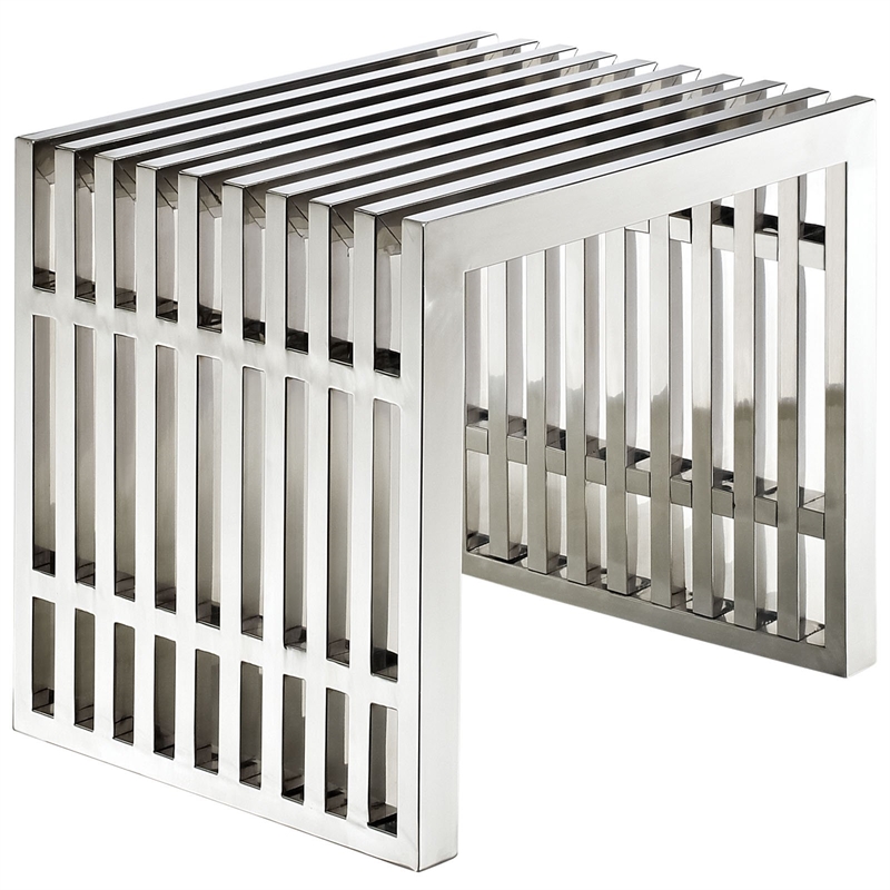 modway gridiron 17&quot small modern stainless steel bench in silver