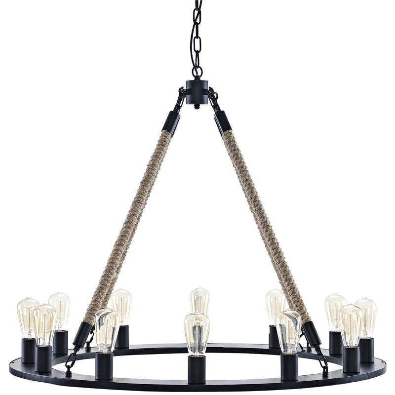 modway encircle modern style rope and steel chandelier in brown