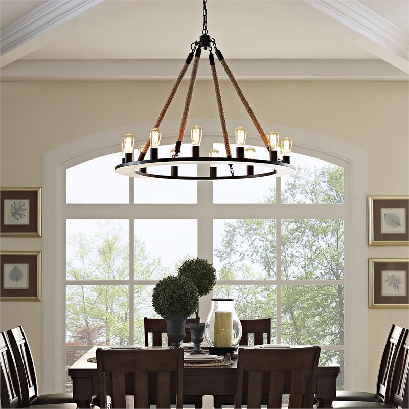 modway encircle modern style rope and steel chandelier in brown