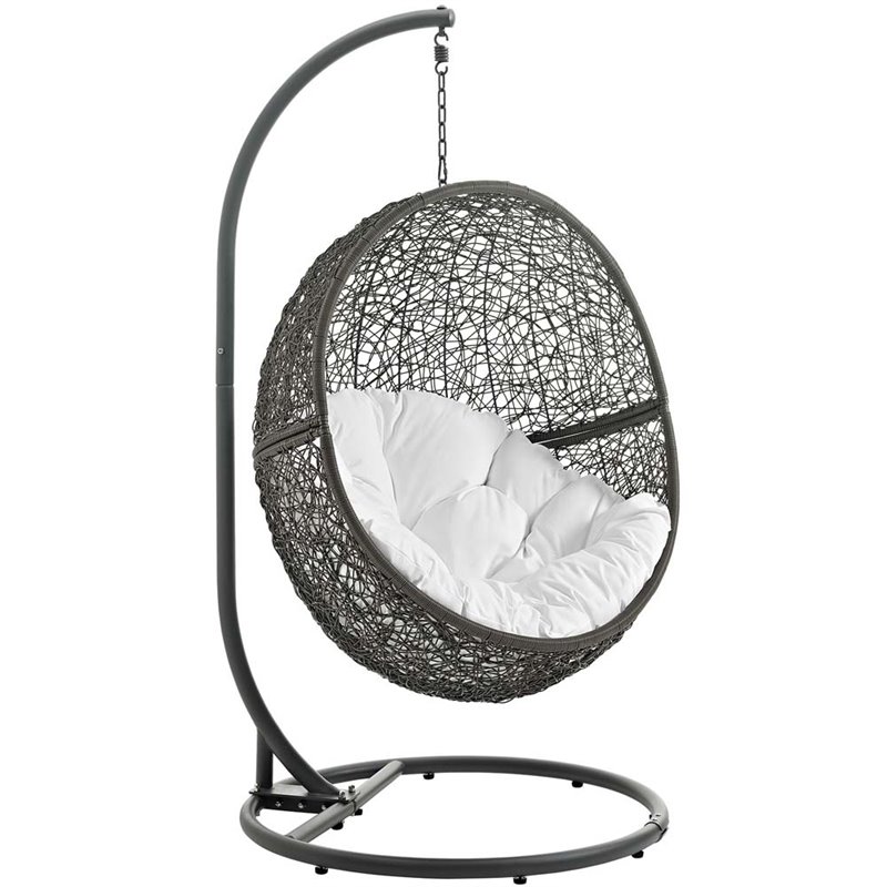 Modway Hide Steel Rattan Outdoor Patio Swing Chair with Stand in Gray/White