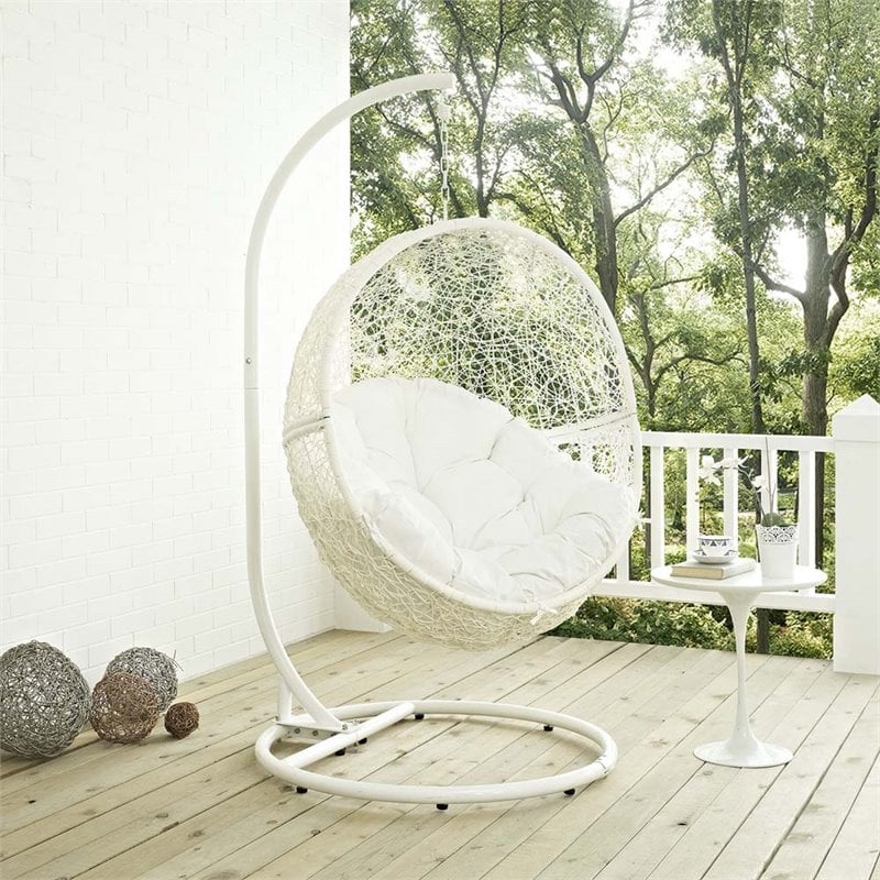 Modway Hide Steel Rattan Outdoor Patio Swing Chair with Stand in White