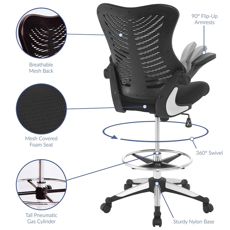 Modway Charge Modern Style Vinyl and Nylon Drafting Chair in Black