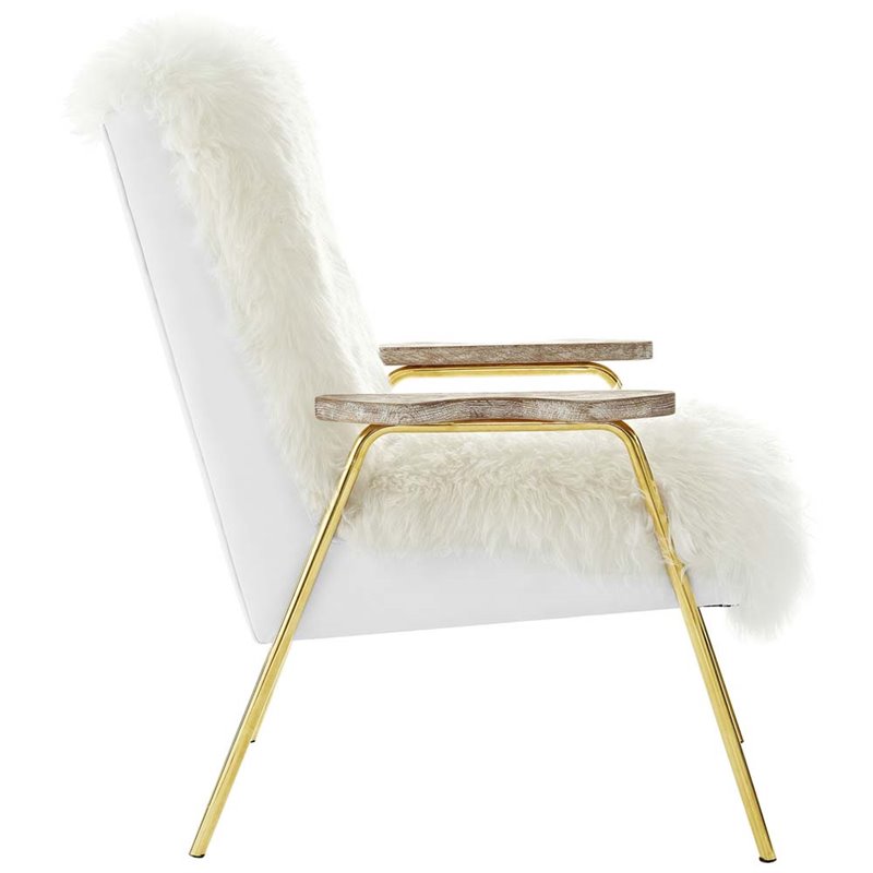 Modway Sprint Wool Vinyl and Solid Oak Wood Sheepskin Armchair in Brown/White