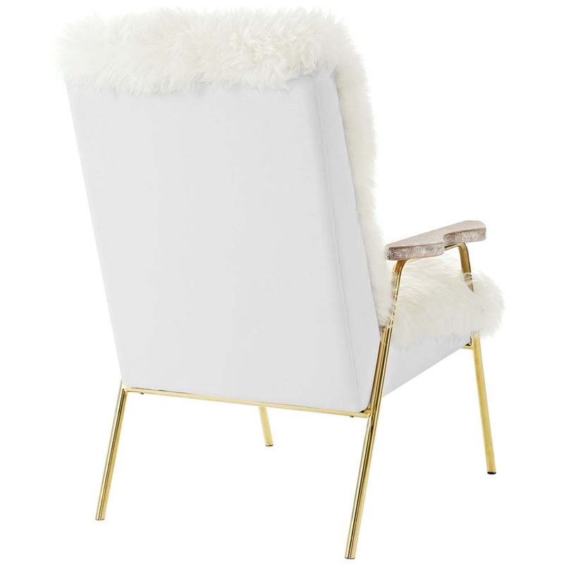 Modway Sprint Wool Vinyl and Solid Oak Wood Sheepskin Armchair in Brown/White