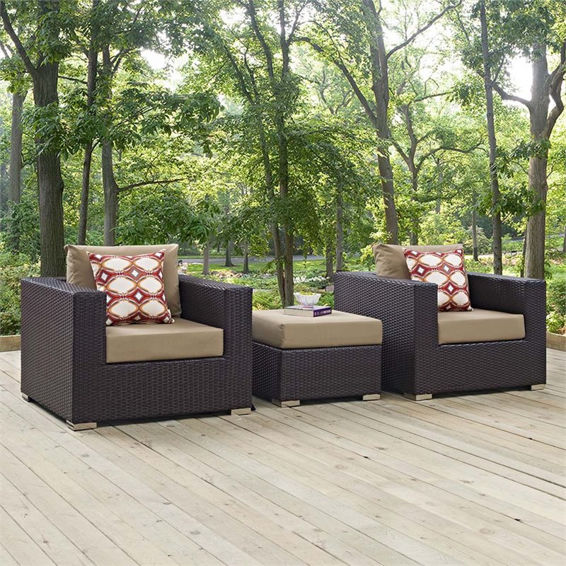 Modway Convene 3-Piece Rattan Aluminum Patio Sofa Set in Espresso/Mocha