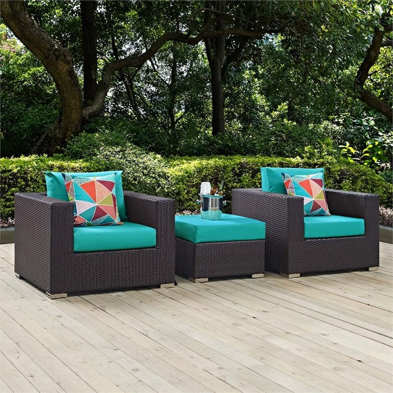 Modway Convene 3-Piece Rattan Aluminum Patio Sofa Set in Espresso/Turquoise