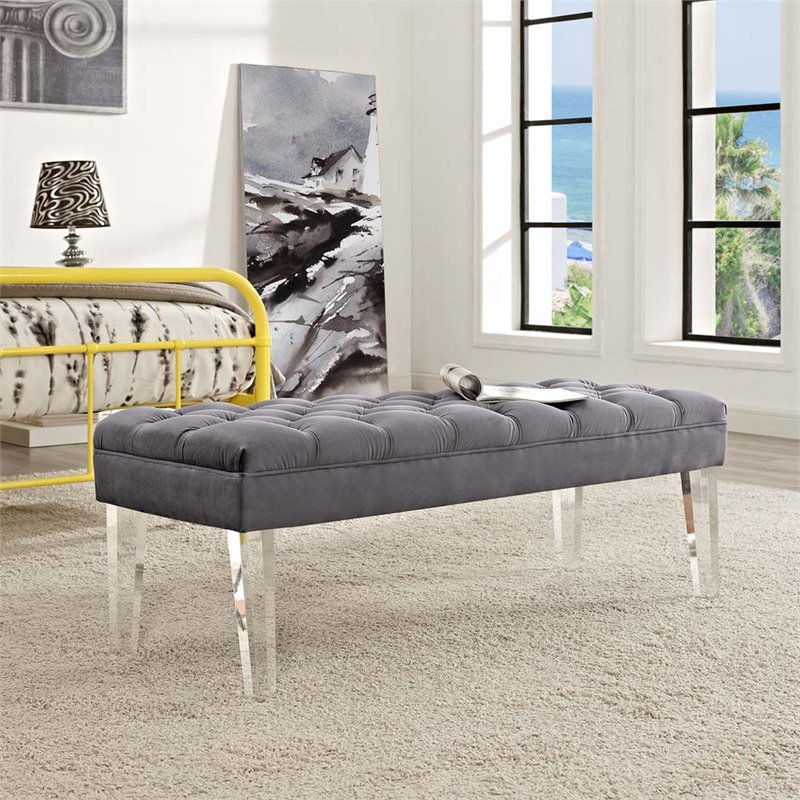 Modway Valet Modern Style Performance Velvet and Acrylic Bench in Gray