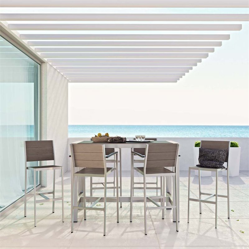 Modway Shore 7-Piece Outdoor Patio Wood and Aluminum Dining Set in Silver/Gray