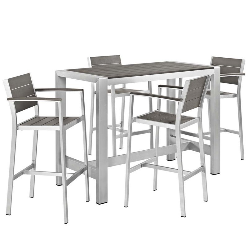 Modway Shore 5-Piece Outdoor Patio Wood and Aluminum Dining Set in Silver/Gray