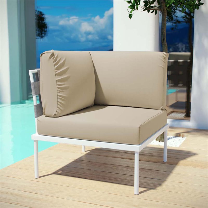 Modway Harmony Outdoor Patio Aluminum Fabric Corner Sofa Chair in White/Beige