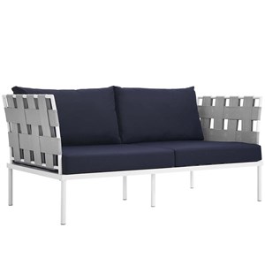 Modway Harmony Outdoor Patio Aluminum Fabric Loveseat in White/Navy