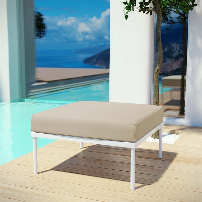 Modway Harmony Outdoor Patio Aluminum Fabric Ottoman in White/Beige
