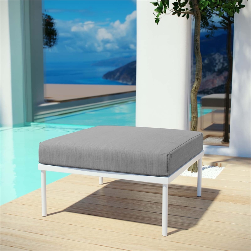 Modway Harmony Outdoor Patio Aluminum Fabric Ottoman in White/Gray