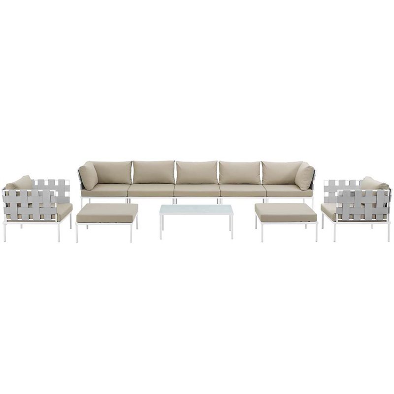 Modway Harmony 10-Piece Outdoor Patio Aluminum Sectional Sofa Set in White/Beige