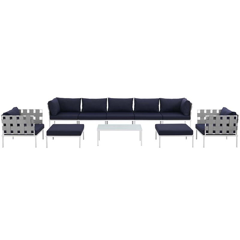 Modway Harmony 10-Piece Outdoor Patio Aluminum Sectional Sofa Set in White/Navy