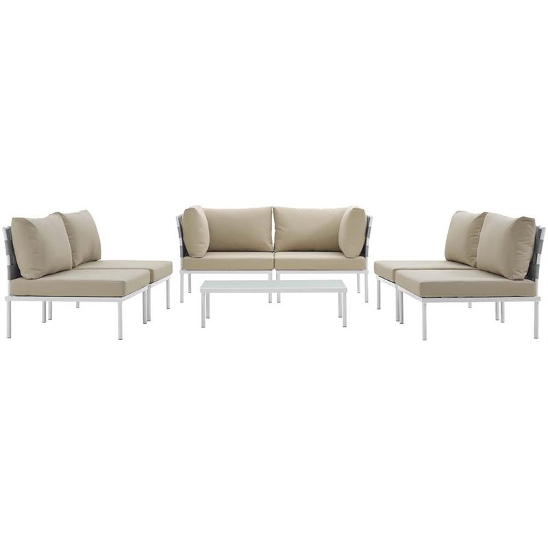 Modway Harmony 7-Piece Outdoor Patio Aluminum Sectional Sofa Set in White/Beige