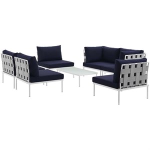 Modway Harmony 7-Piece Outdoor Patio Aluminum Sectional Sofa Set in White/Navy