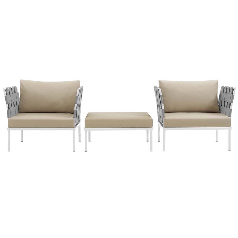 Modway Harmony 3-Piece Outdoor Patio Aluminum Sectional Sofa Set in White/Beige