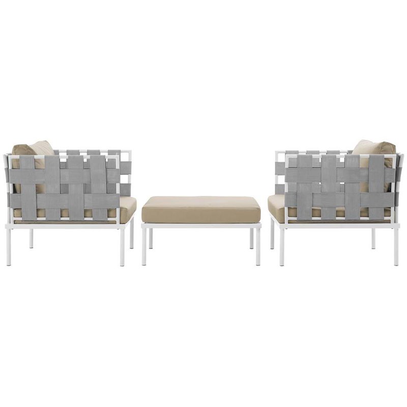 Modway Harmony 3-Piece Outdoor Patio Aluminum Sectional Sofa Set in White/Beige