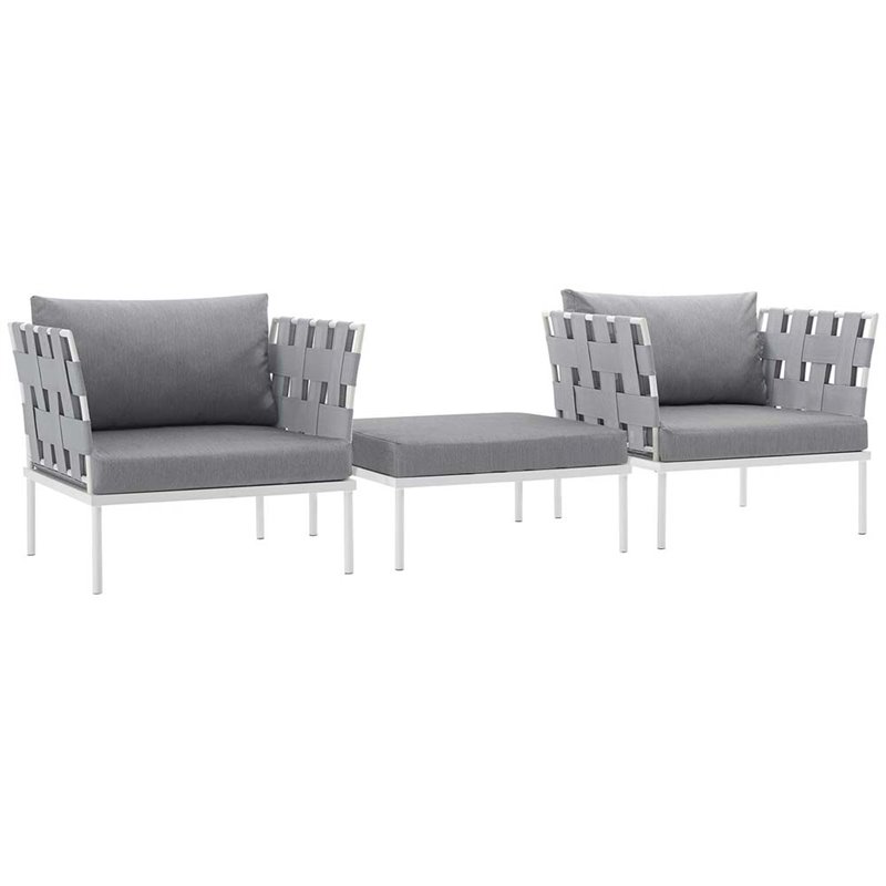 Modway Harmony 3-Piece Outdoor Patio Aluminum Sectional Sofa Set in White/Gray