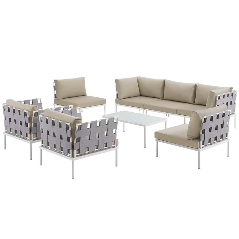 Modway Harmony 8-Piece Outdoor Patio Aluminum Sectional Sofa Set in White/Beige