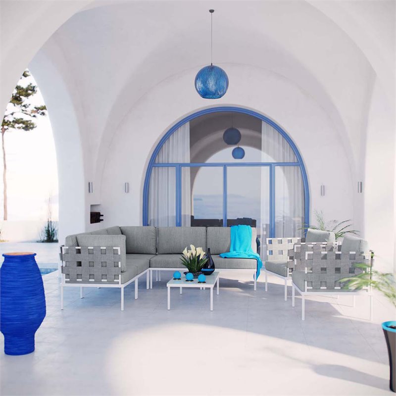 Modway Harmony 8-Piece Outdoor Patio Aluminum Sectional Sofa Set in White/Gray