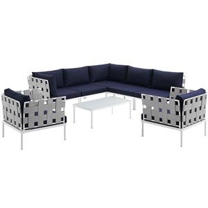Modway Harmony 8-Piece Outdoor Patio Aluminum Sectional Sofa Set in White/Navy