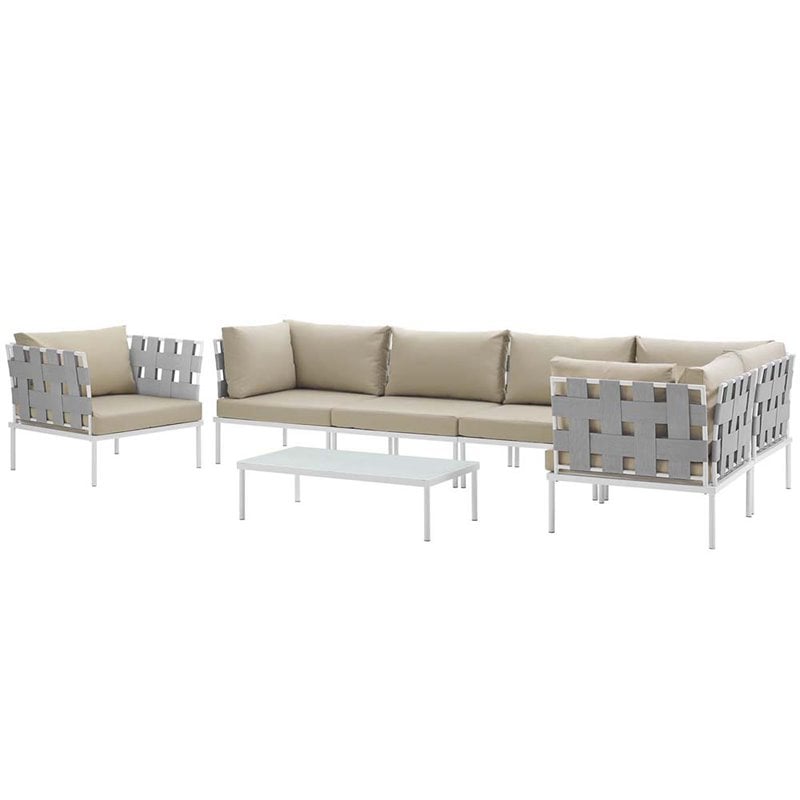 Modway Harmony 7-Piece Outdoor Patio Aluminum Sectional Sofa Set in White/Beige