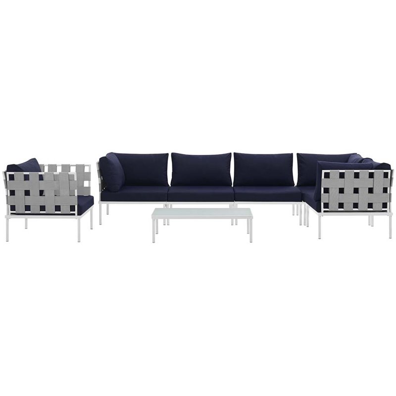 Modway Harmony 7-Piece Outdoor Patio Aluminum Sectional Sofa Set in White/Navy