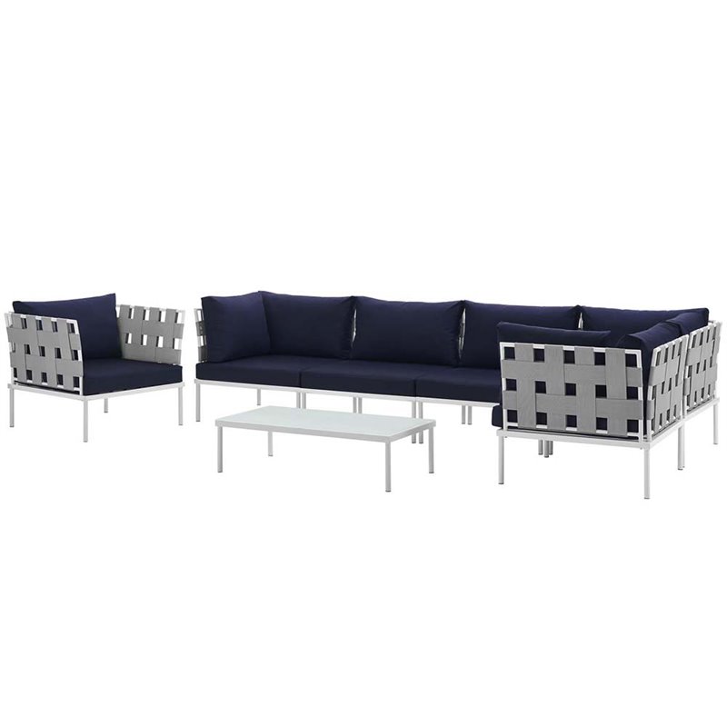 Modway Harmony 7-Piece Outdoor Patio Aluminum Sectional Sofa Set in White/Navy
