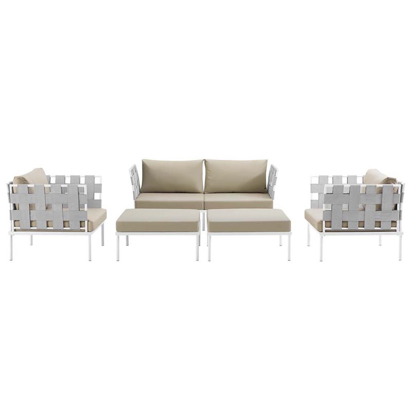 Modway Harmony 5-Piece Outdoor Patio Aluminum Sectional Sofa Set in White/Beige
