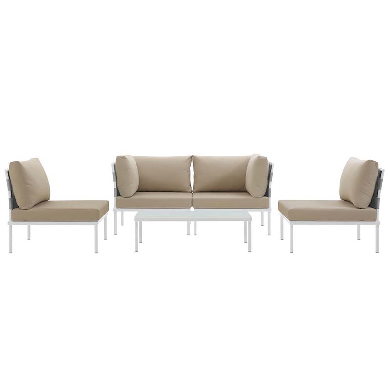 Modway Harmony 5-Piece Outdoor Patio Aluminum Sectional Sofa Set in White/Beige