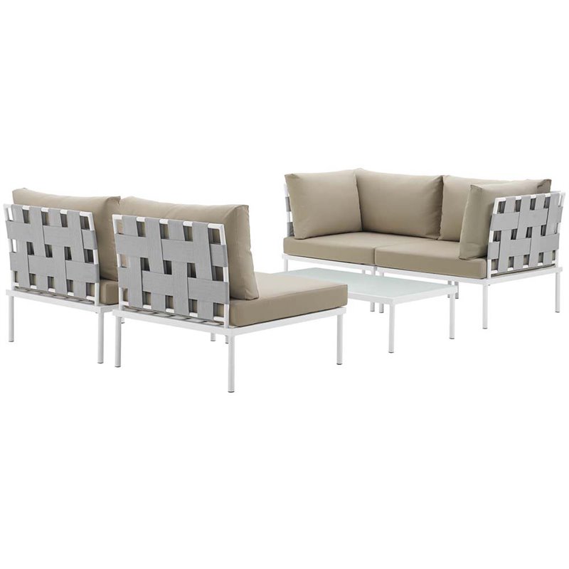Modway Harmony 5-Piece Outdoor Patio Aluminum Sectional Sofa Set in White/Beige