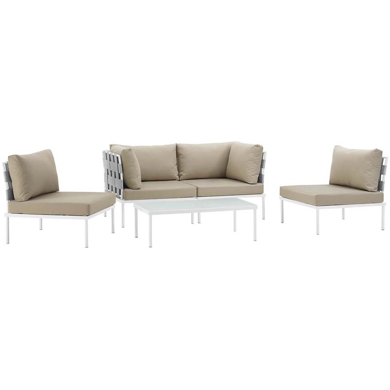 Modway Harmony 5-Piece Outdoor Patio Aluminum Sectional Sofa Set in White/Beige
