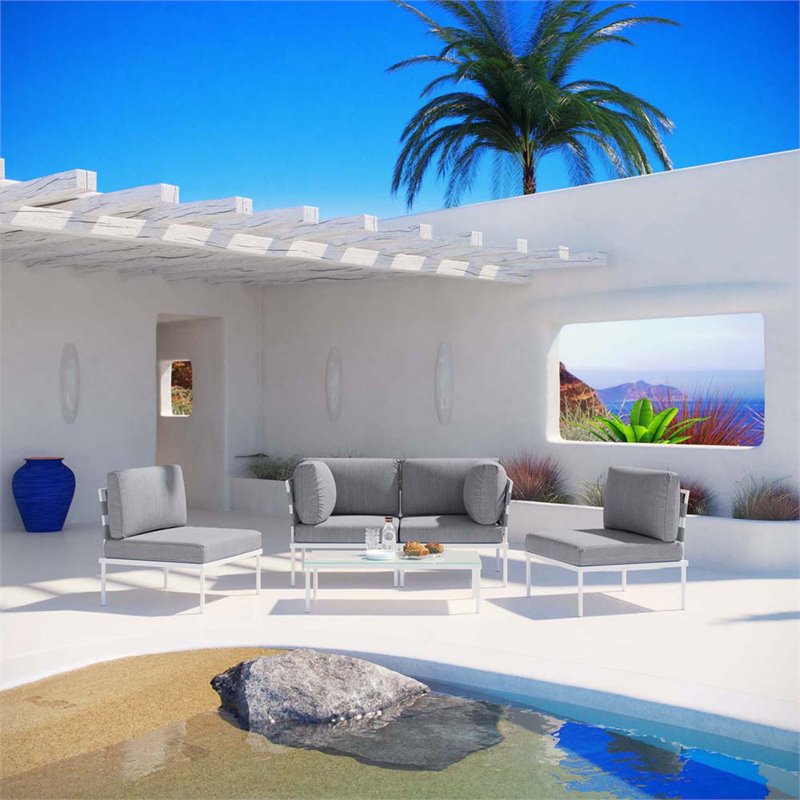 Modway Harmony 5-Piece Outdoor Patio Aluminum Sectional Sofa Set in White/Gray