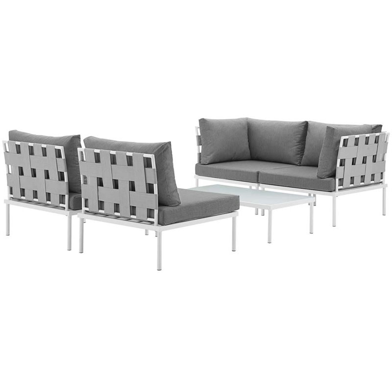 Modway Harmony 5-Piece Outdoor Patio Aluminum Sectional Sofa Set in White/Gray