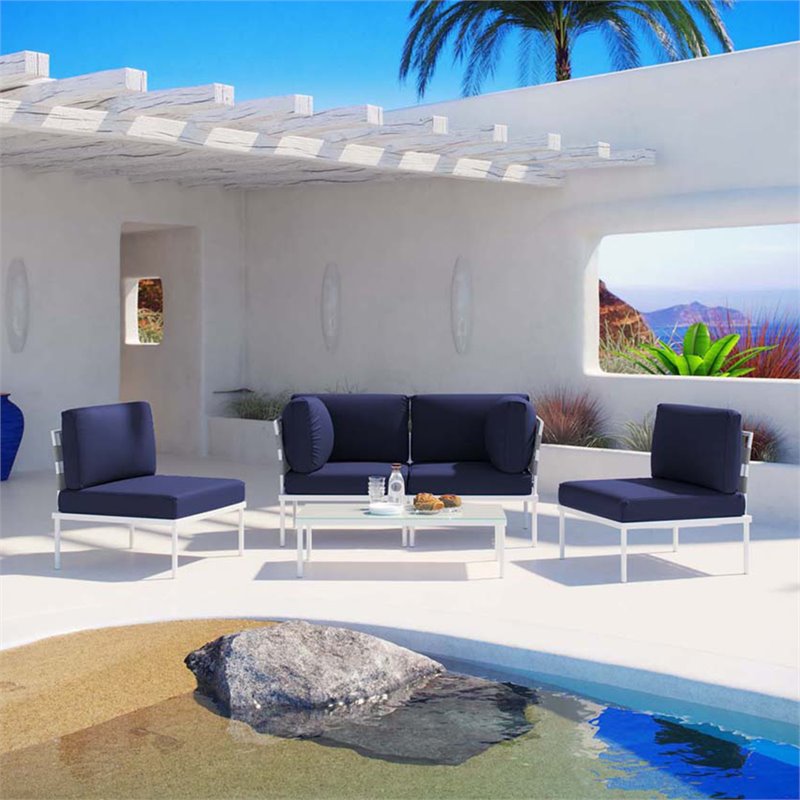 Modway Harmony 5-Piece Outdoor Patio Aluminum Sectional Sofa Set in White/Navy