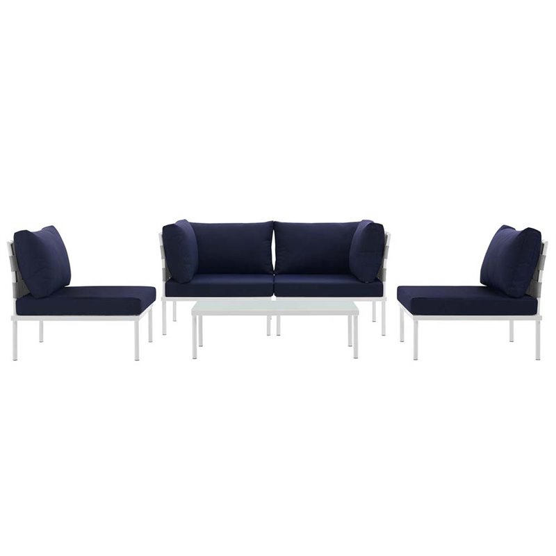 Modway Harmony 5-Piece Outdoor Patio Aluminum Sectional Sofa Set in White/Navy