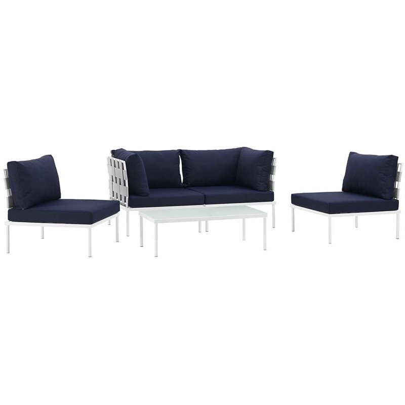Modway Harmony 5-Piece Outdoor Patio Aluminum Sectional Sofa Set in White/Navy