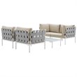 Modway Harmony 5-Piece Outdoor Patio Aluminum Sectional Sofa Set in White/Beige