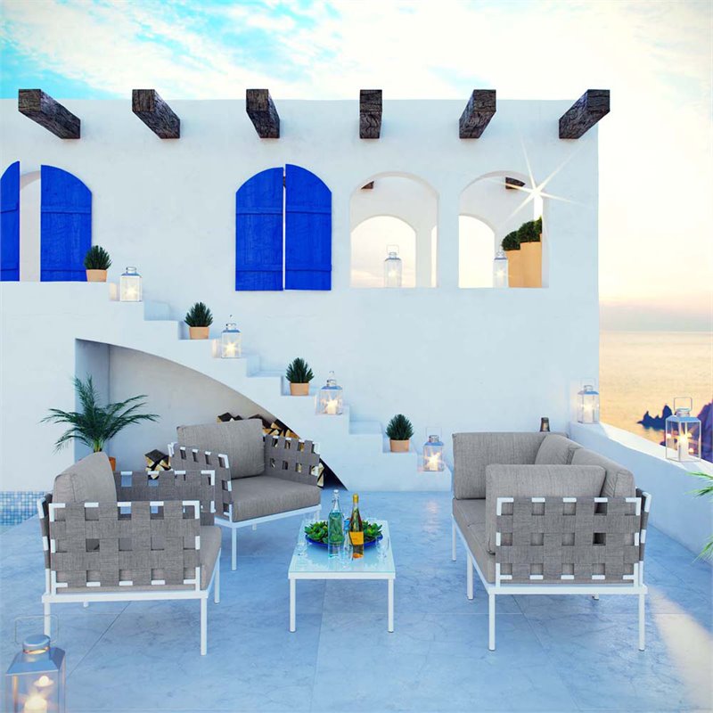 Modway Harmony 5-Piece Outdoor Patio Aluminum Sectional Sofa Set in White/Gray
