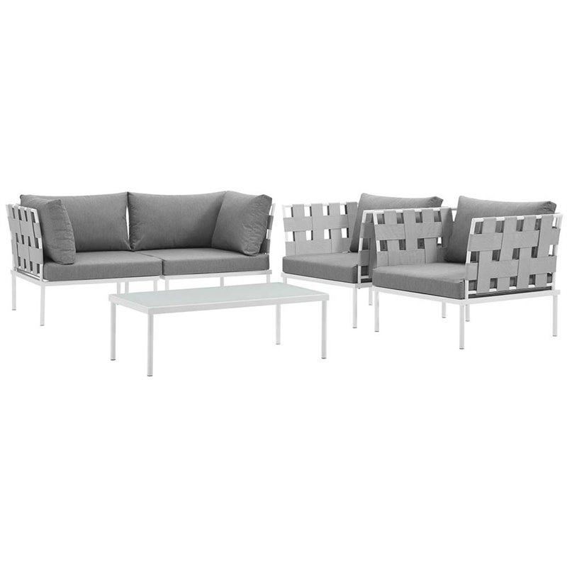 Modway Harmony 5-Piece Outdoor Patio Aluminum Sectional Sofa Set in White/Gray