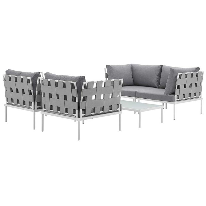 Modway Harmony 5-Piece Outdoor Patio Aluminum Sectional Sofa Set in White/Gray