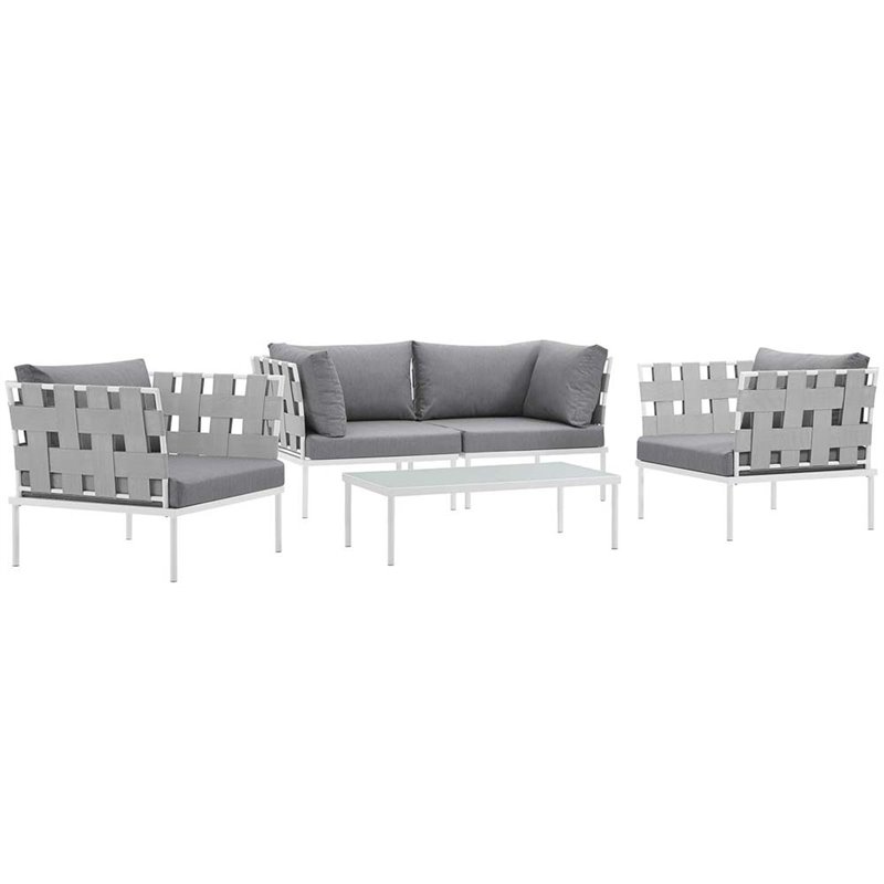 Modway Harmony 5-Piece Outdoor Patio Aluminum Sectional Sofa Set in White/Gray