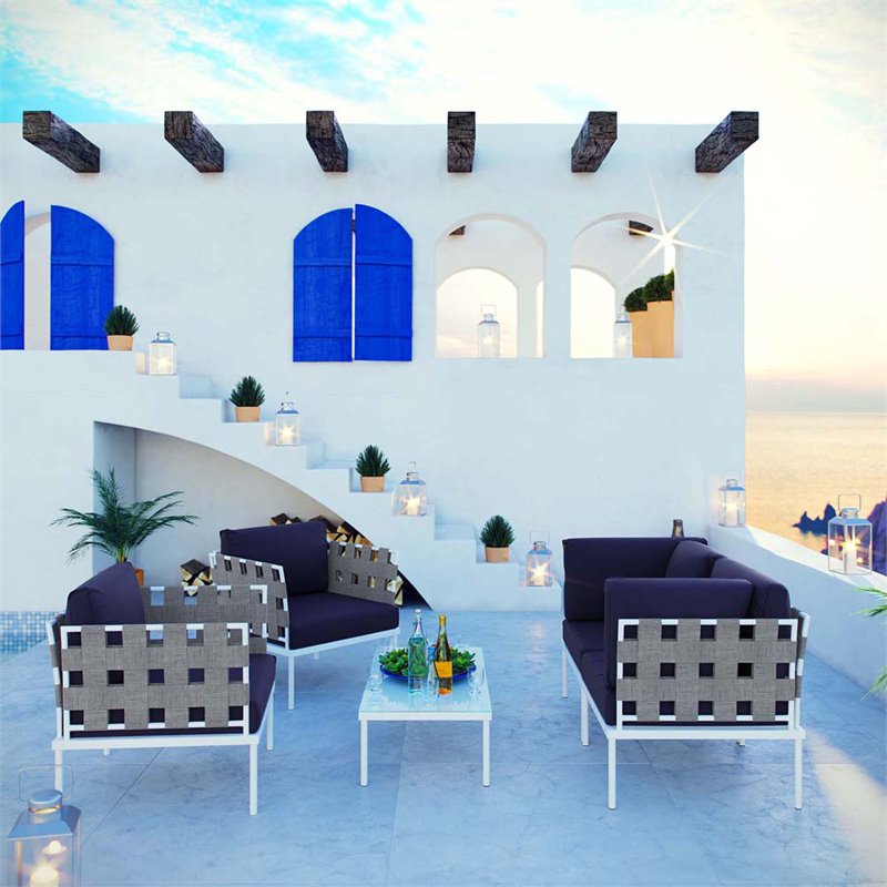 Modway Harmony 5-Piece Outdoor Patio Aluminum Sectional Sofa Set in White/Navy