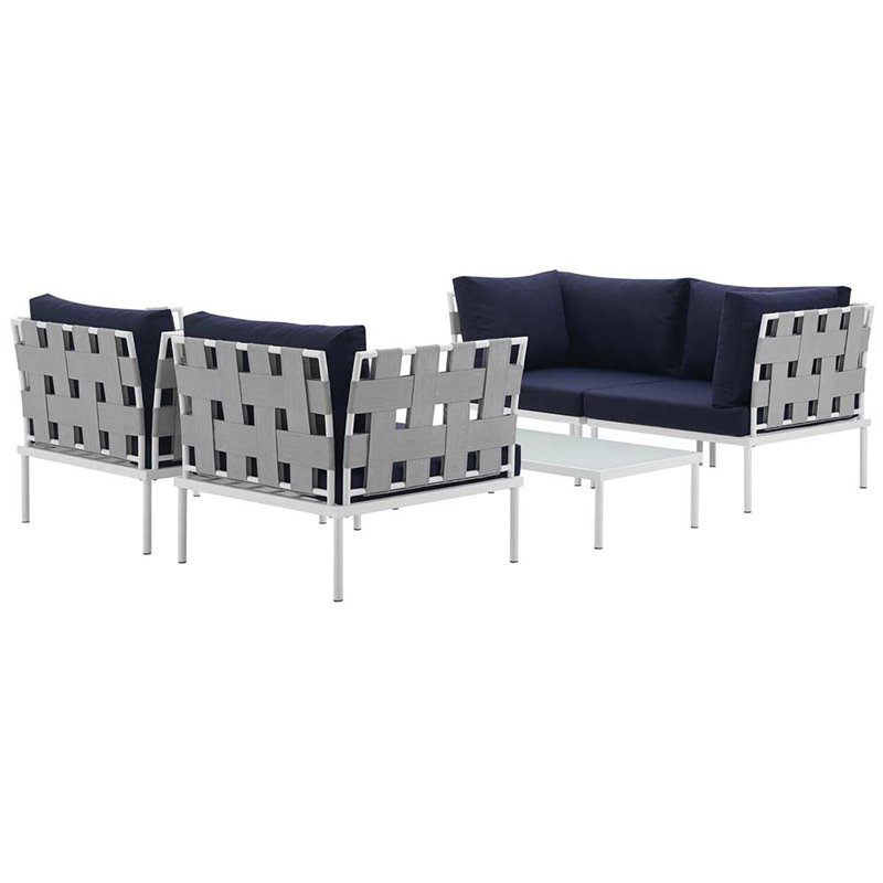 Modway Harmony 5-Piece Outdoor Patio Aluminum Sectional Sofa Set in White/Navy