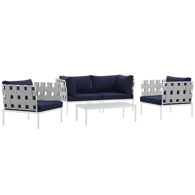 Modway Harmony 5-Piece Outdoor Patio Aluminum Sectional Sofa Set in White/Navy