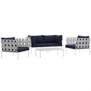 Modway Harmony 5-Piece Outdoor Patio Aluminum Sectional Sofa Set in White/Navy