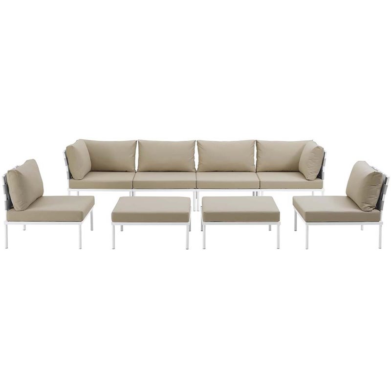 Modway Harmony 8-Piece Outdoor Patio Aluminum Sectional Sofa Set in White/Beige